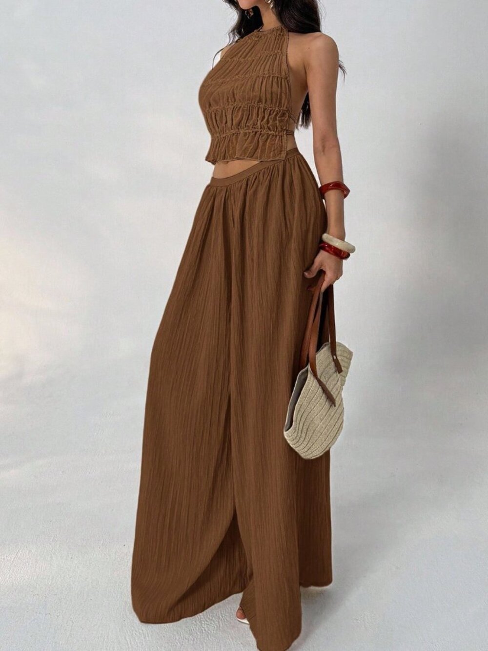 Brown Casual Women's Loose Textured Pants - Picture 4 of 7